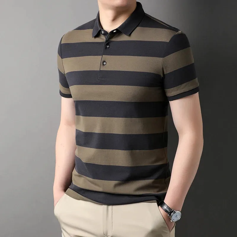 Men's Summer Polo Shirts-Short Sleeve Stripes Print Top