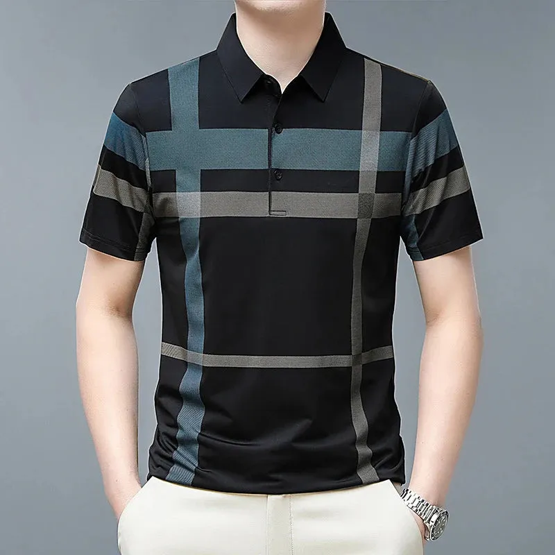Men's Summer Polo Shirts-Short Sleeve Stripes Print Top