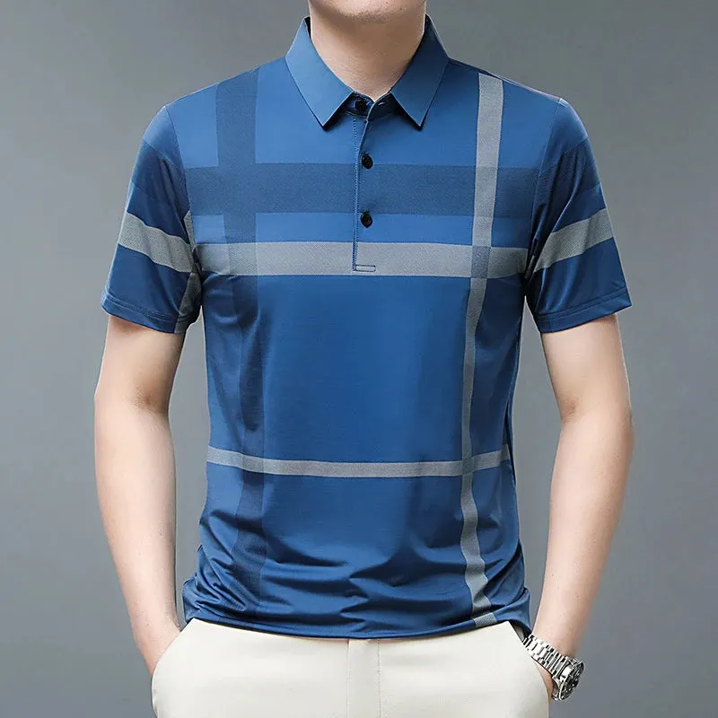 Men's Summer Polo Shirts-Short Sleeve Stripes Print Top
