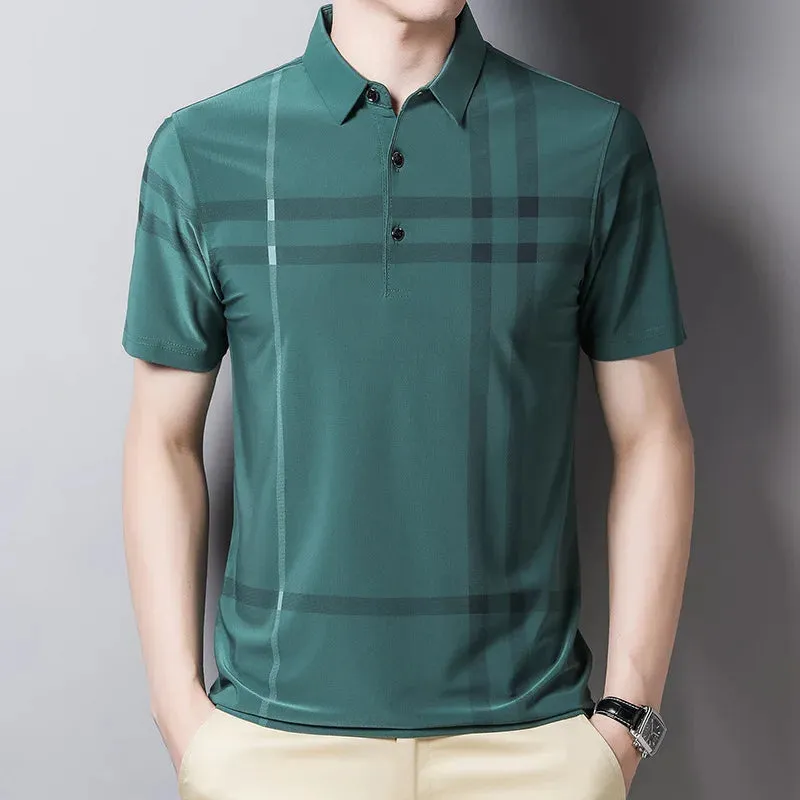 Men's Summer Polo Shirts-Short Sleeve Stripes Print Top