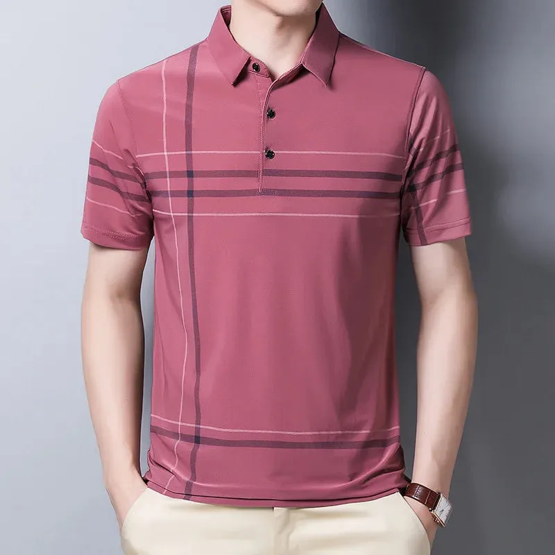 Men's Summer Polo Shirts-Short Sleeve Stripes Print Top