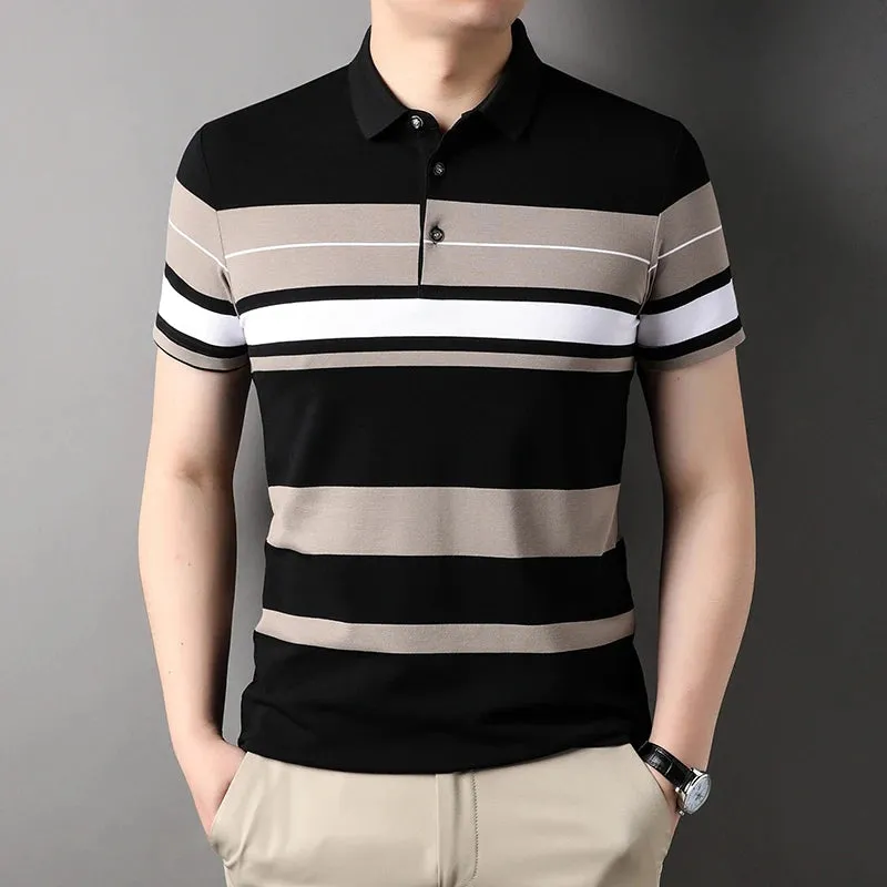 Men's Summer Polo Shirts-Short Sleeve Stripes Print Top