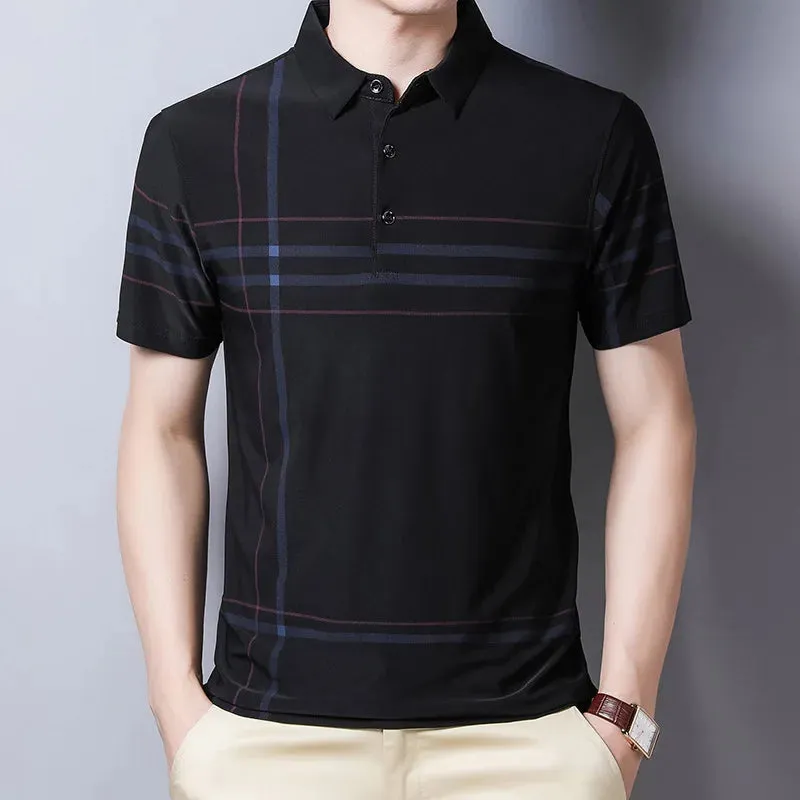 Men's Summer Polo Shirts-Short Sleeve Stripes Print Top