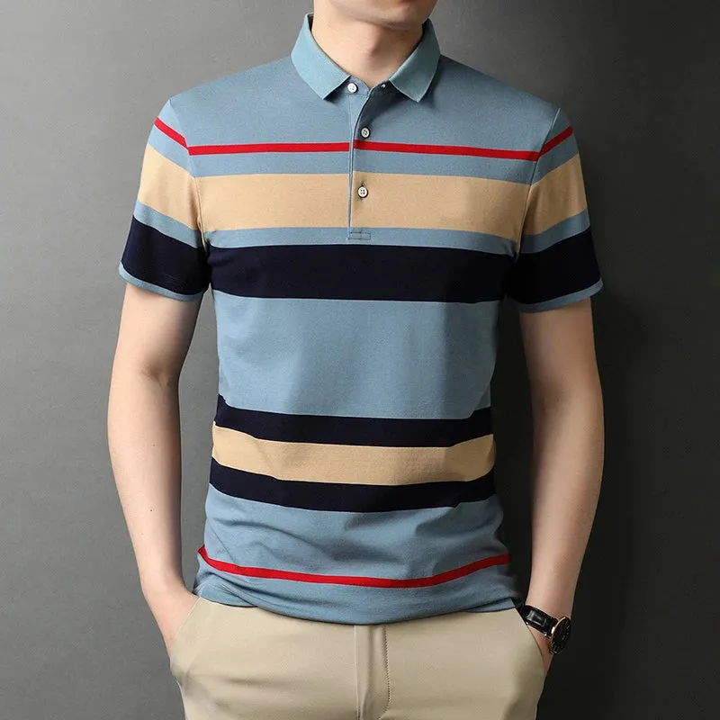 Men's Summer Polo Shirts-Short Sleeve Stripes Print Top