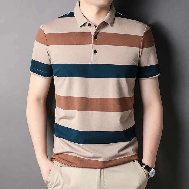 Men's Summer Polo Shirts-Short Sleeve Stripes Print Top
