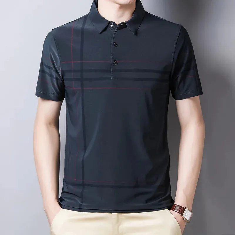 Men's Summer Polo Shirts-Short Sleeve Stripes Print Top
