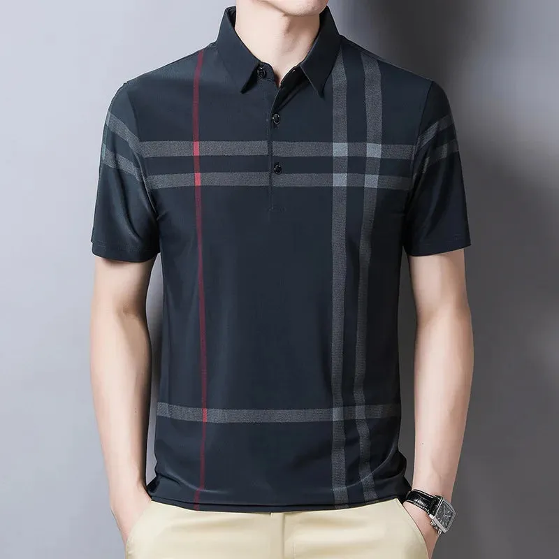 Men's Summer Polo Shirts-Short Sleeve Stripes Print Top