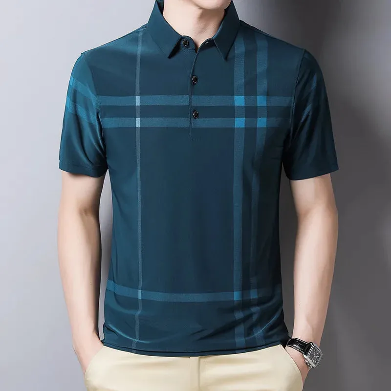Men's Summer Polo Shirts-Short Sleeve Stripes Print Top