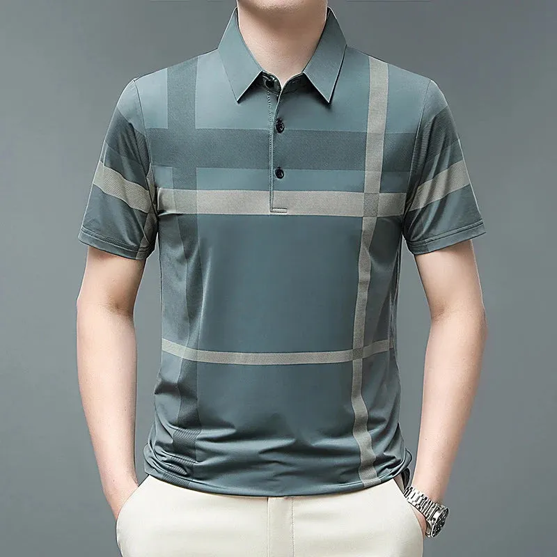 Men's Summer Polo Shirts-Short Sleeve Stripes Print Top