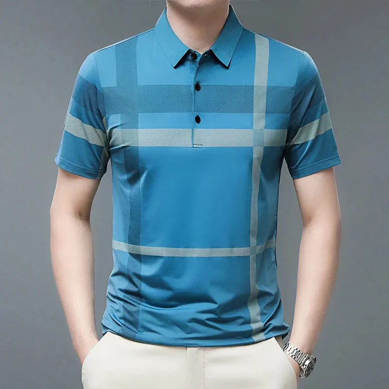 Men's Summer Polo Shirts-Short Sleeve Stripes Print Top
