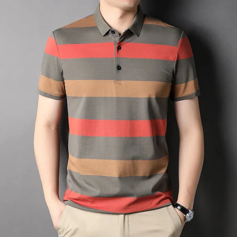 Men's Summer Polo Shirts-Short Sleeve Stripes Print Top