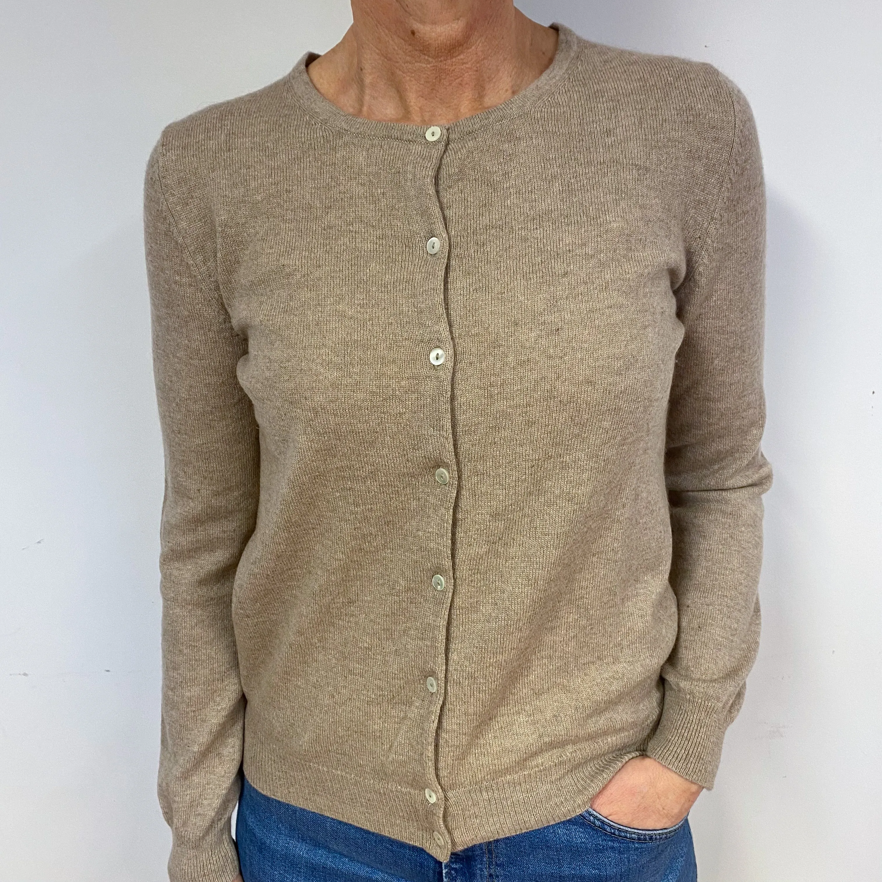 Mink Brown Cashmere Crew Neck Cardigan Medium