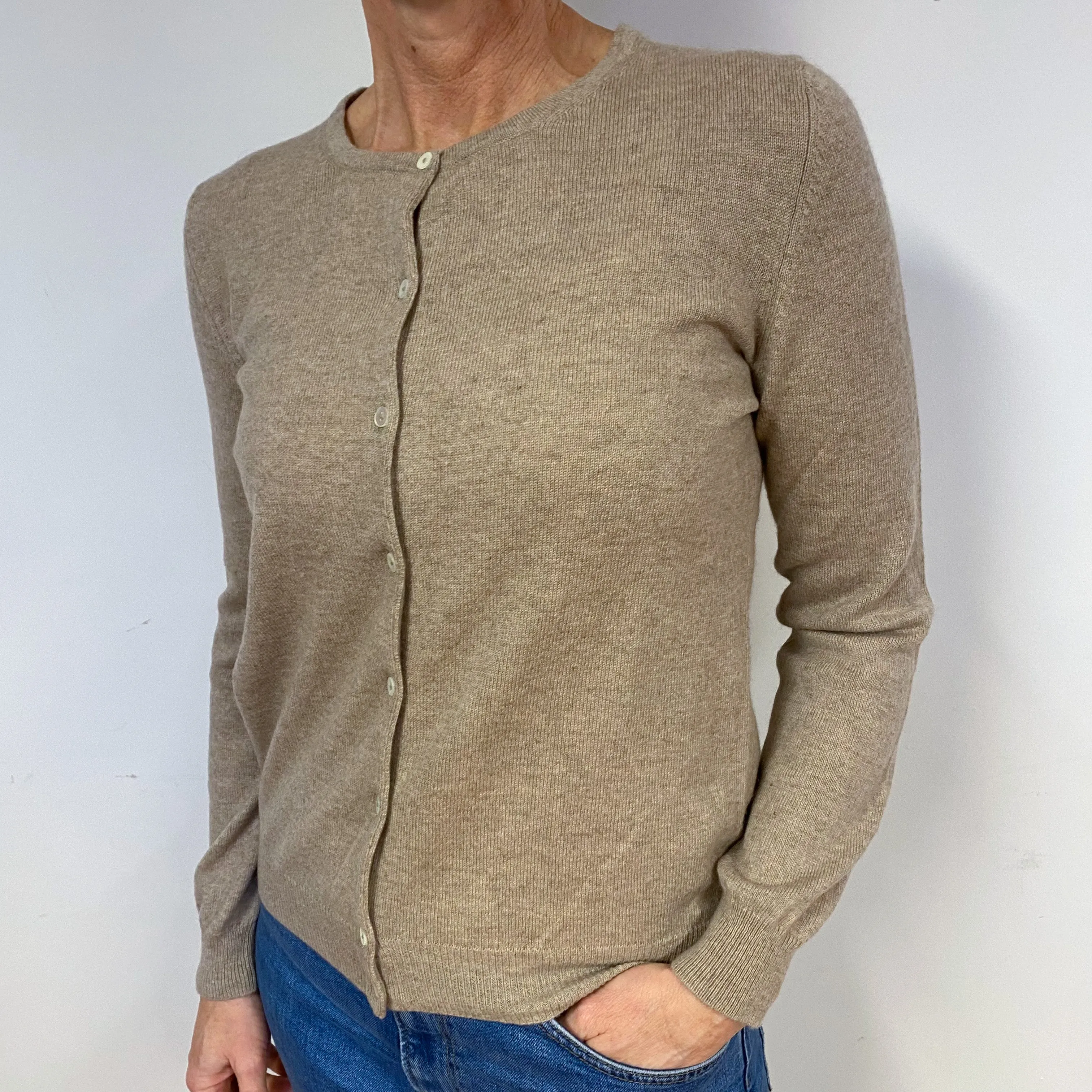 Mink Brown Cashmere Crew Neck Cardigan Medium