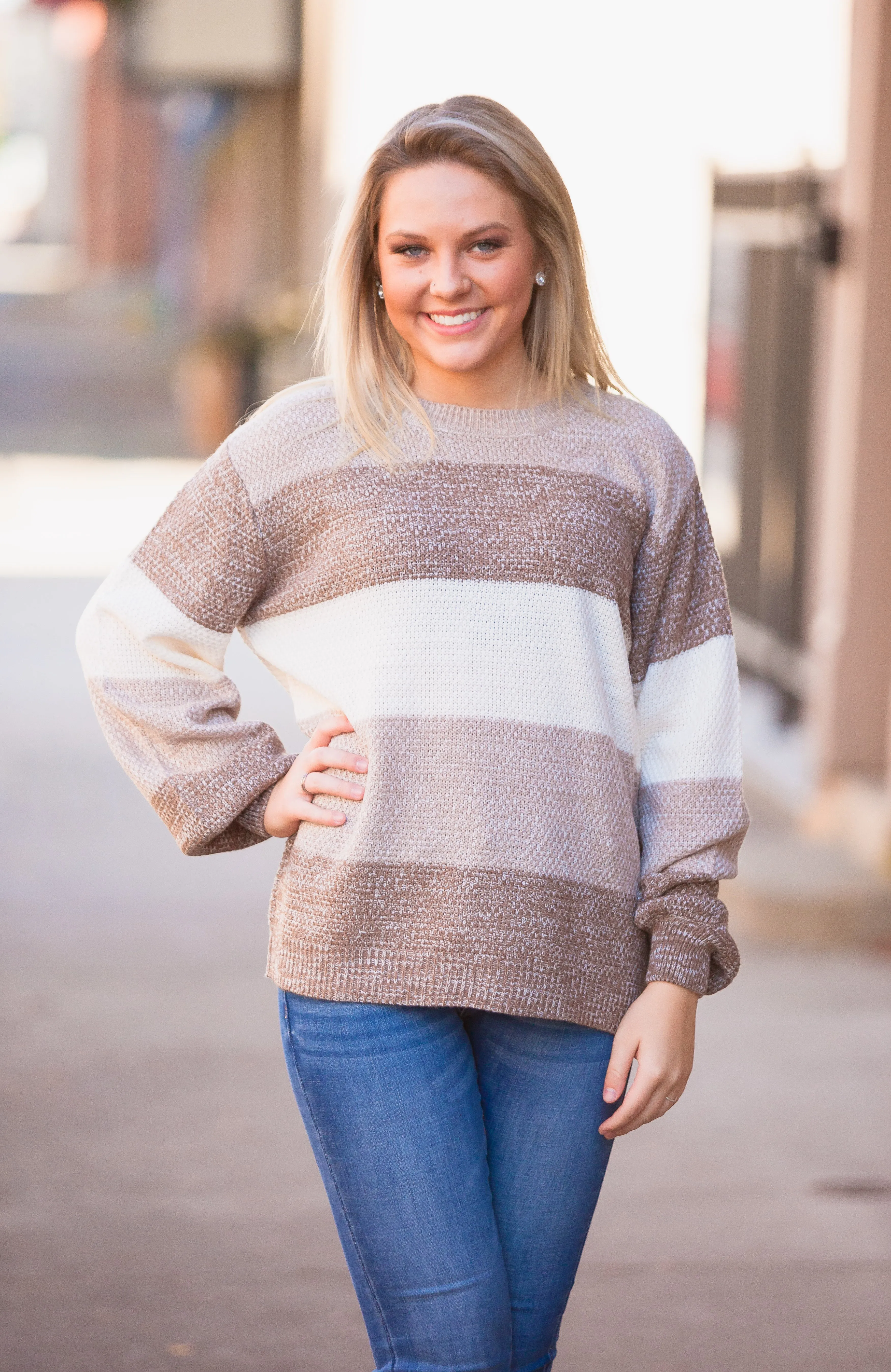 Mocha Color Block Balloon Sleeve Sweater