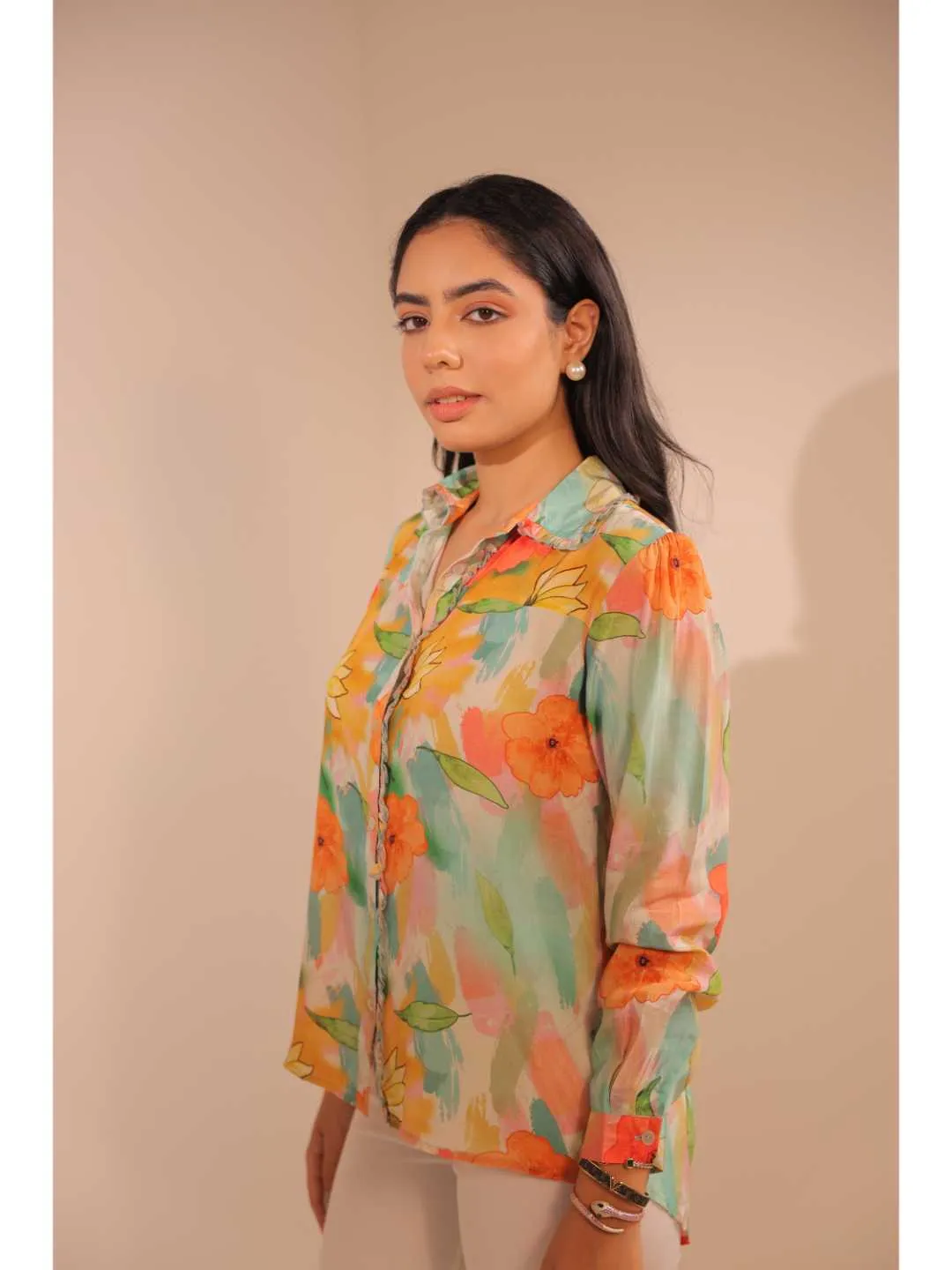 modish natural crepe abstract floral printed ruffle shirt collared yoke full sleeve top with cuff. - Multi