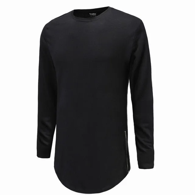 Moomphya Fashion Street Wear T Shirt Men Extend Swag Side Zip T Shirt Super Longline Long Sleeve T-Shirt With Curve Hem And Zip