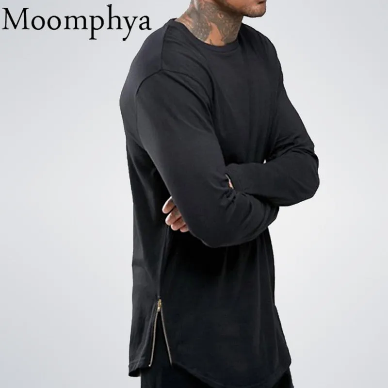 Moomphya Fashion Street Wear T Shirt Men Extend Swag Side Zip T Shirt Super Longline Long Sleeve T-Shirt With Curve Hem And Zip