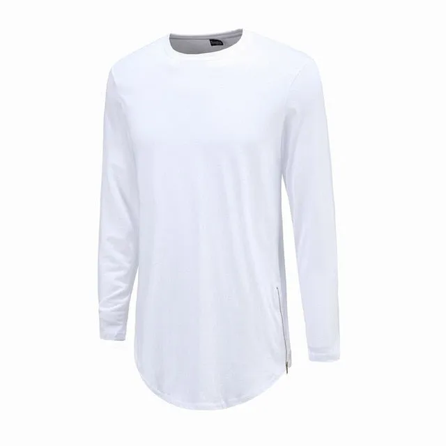 Moomphya Fashion Street Wear T Shirt Men Extend Swag Side Zip T Shirt Super Longline Long Sleeve T-Shirt With Curve Hem And Zip