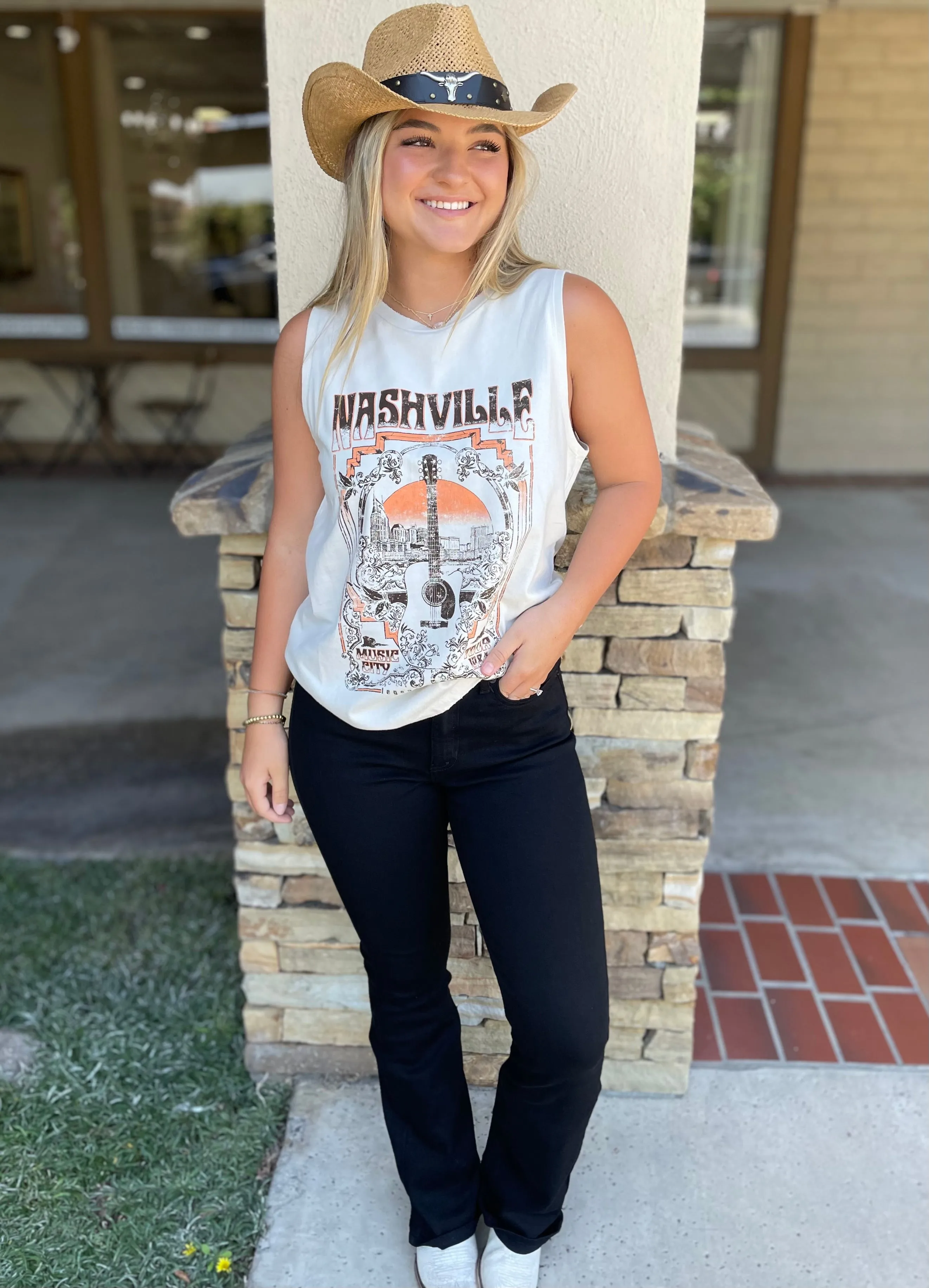 Nashville Music City Tour Graphic Off White Relaxed Fit Mineral Washed Tank