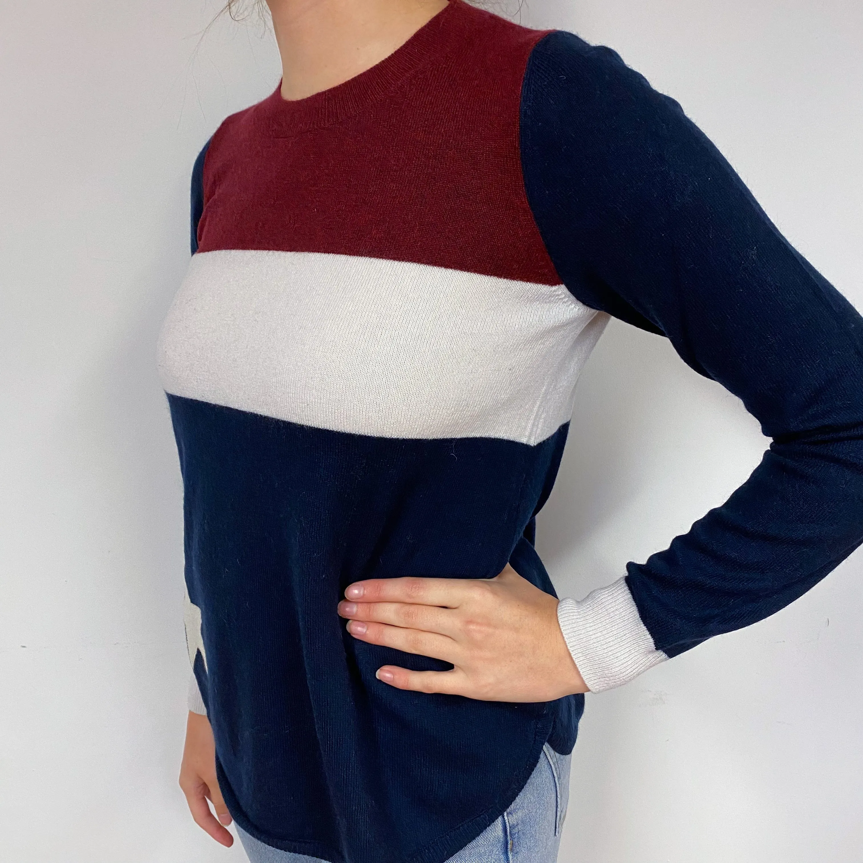Navy Colour Block Cashmere Crew Neck Jumper Small