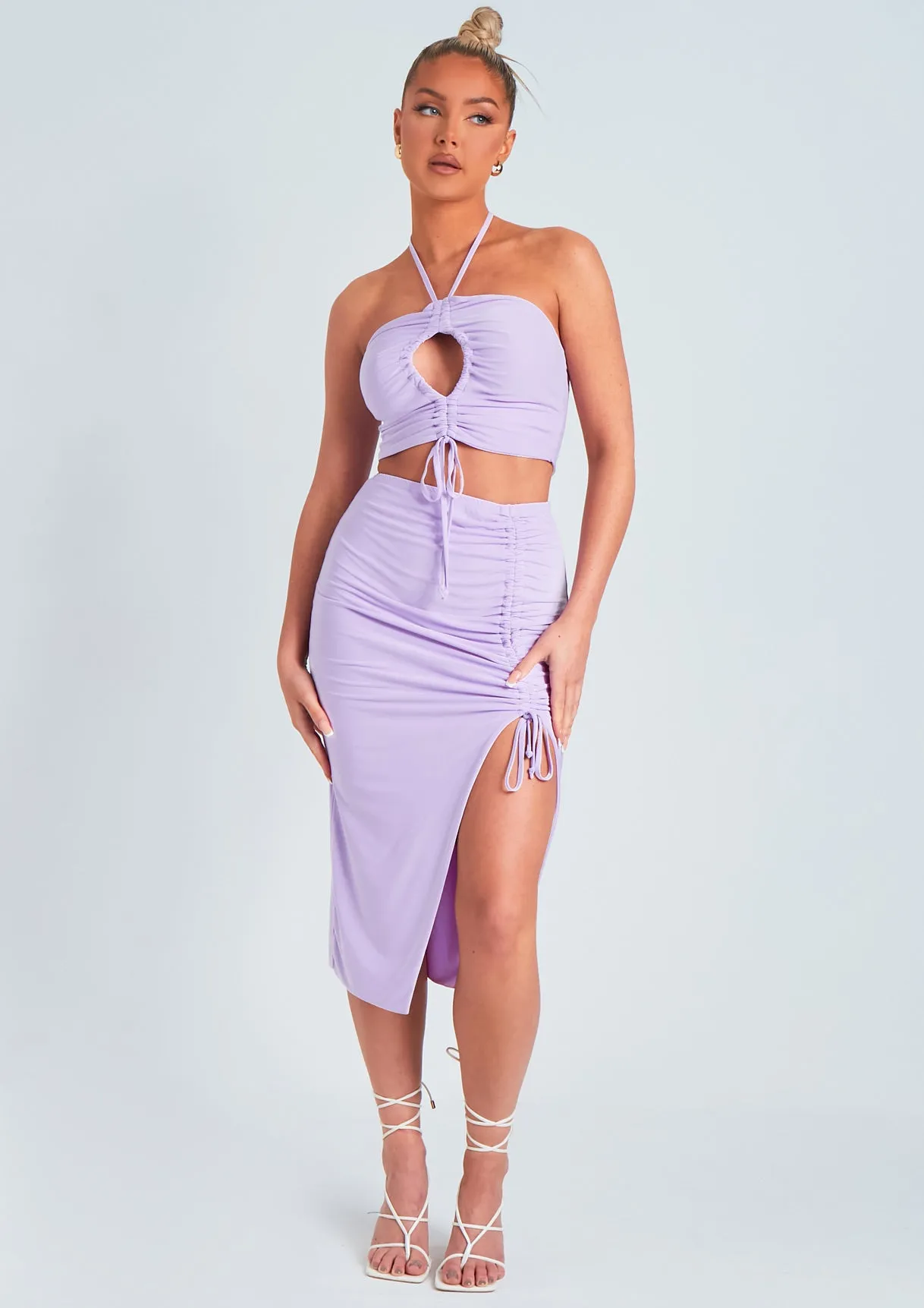 Paola Lilac Ruched Side Split Midi Skirt