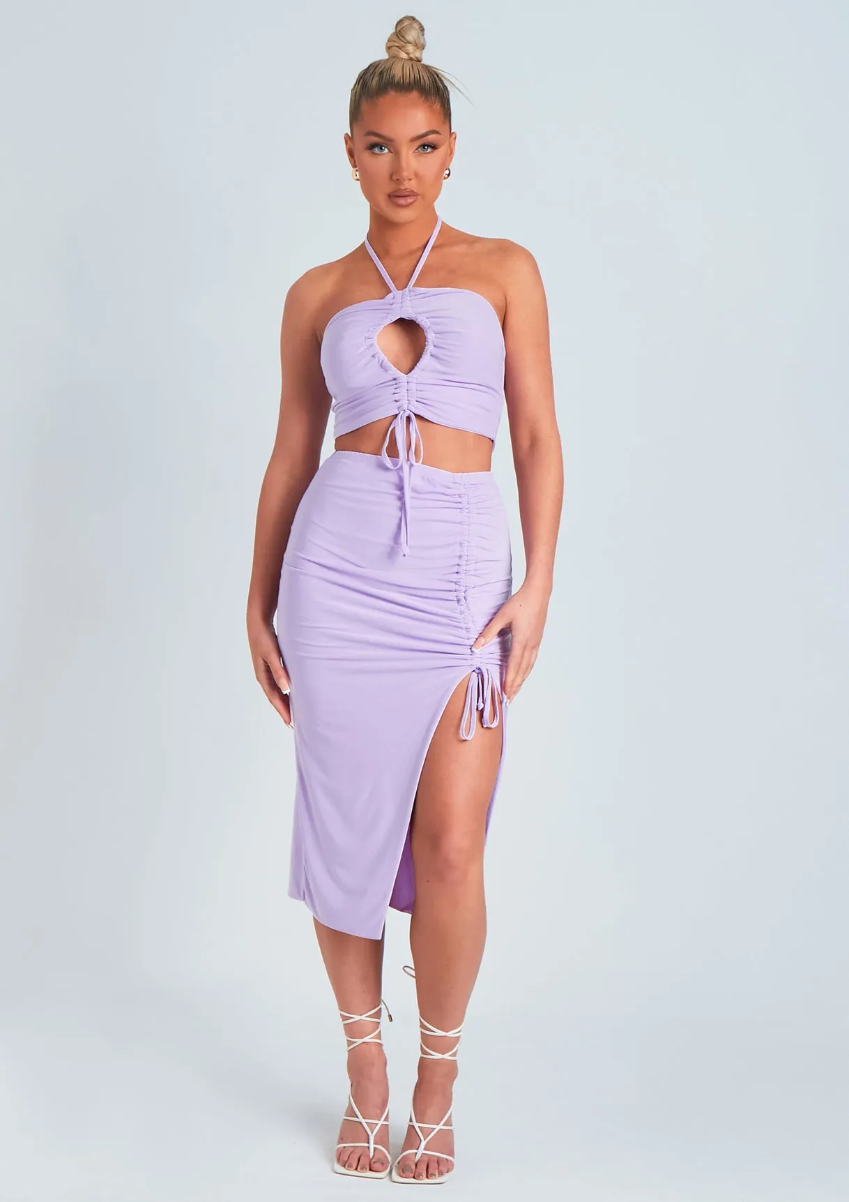 Paola Lilac Ruched Side Split Midi Skirt