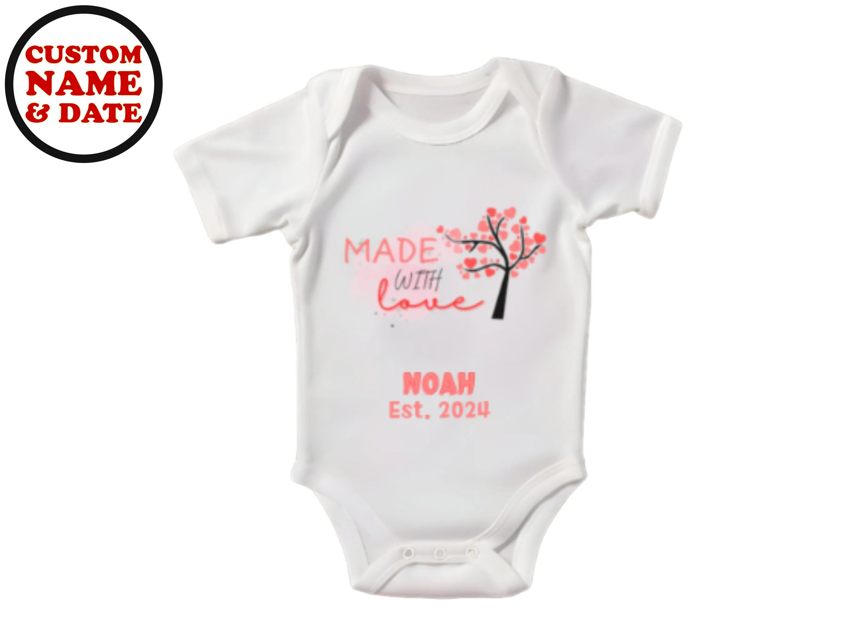 Personalized Name Bodysuit with Made with Love Text for Baby Boys