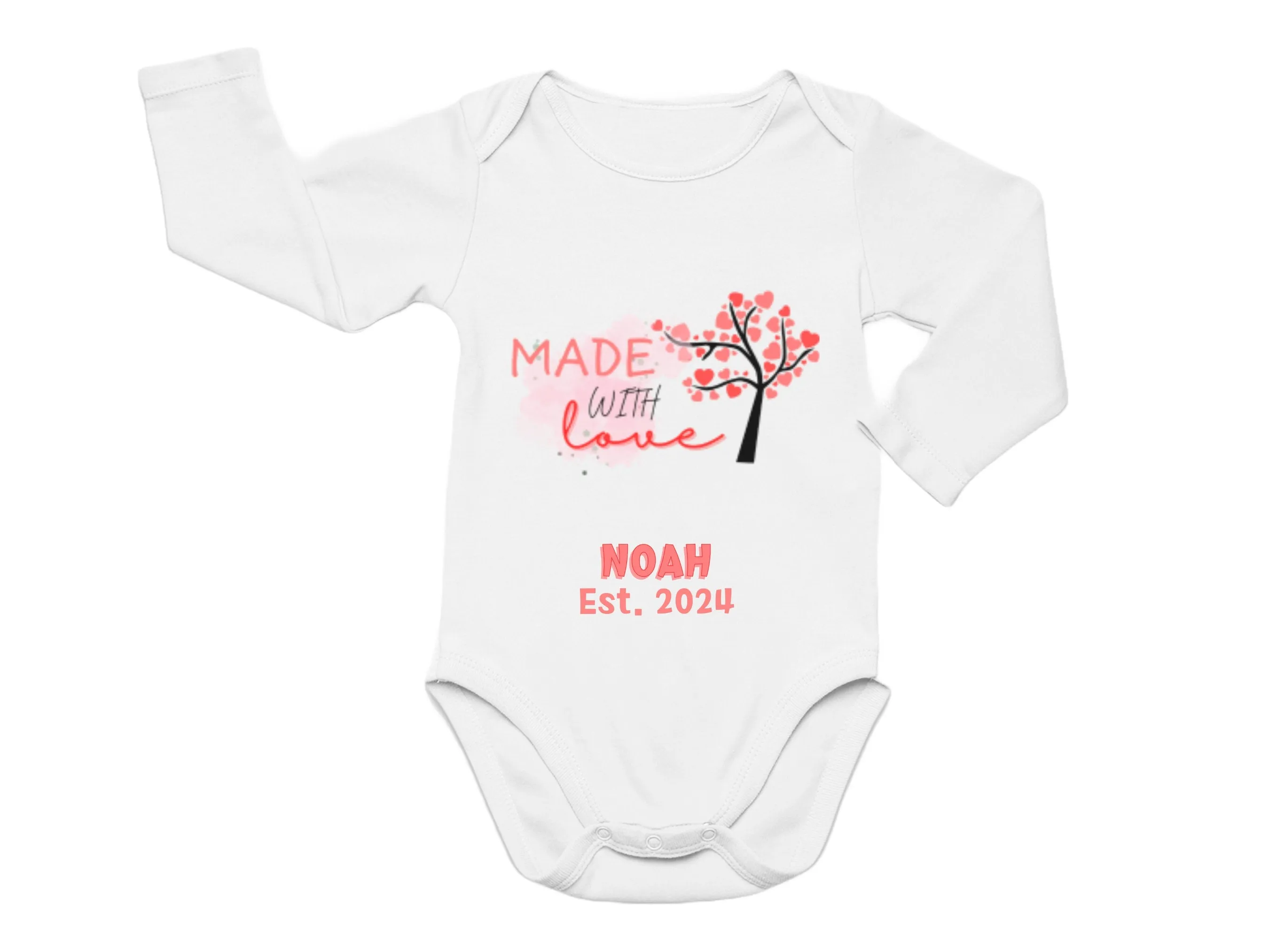 Personalized Name Bodysuit with Made with Love Text for Baby Boys