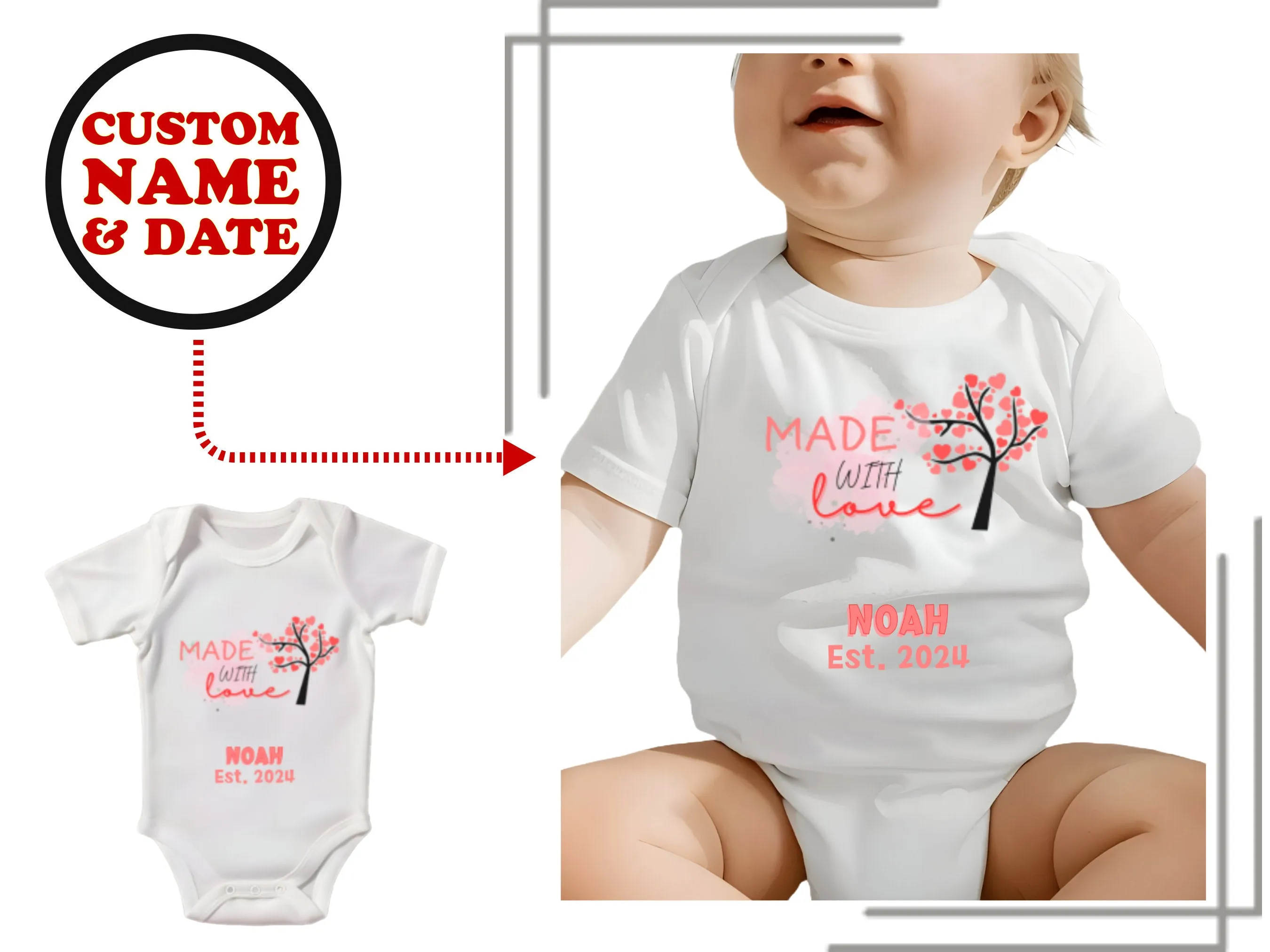 Personalized Name Bodysuit with Made with Love Text for Baby Boys