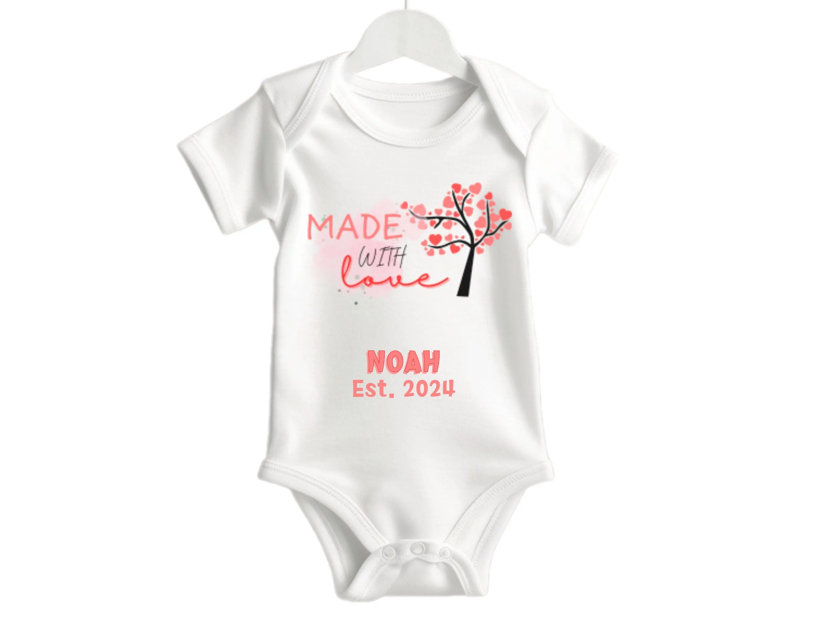 Personalized Name Bodysuit with Made with Love Text for Baby Boys