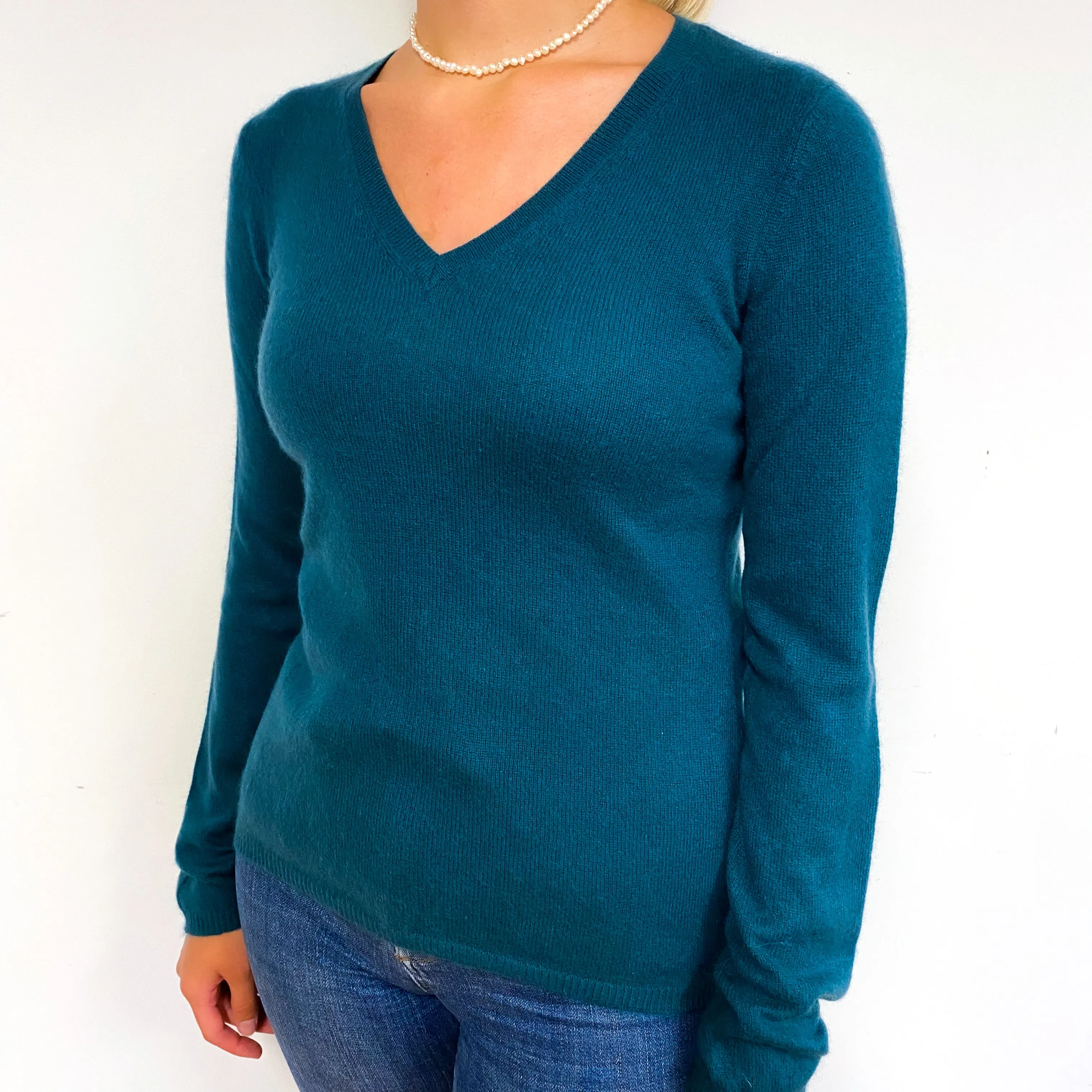 Pine Green Cashmere V-Neck Jumper Small