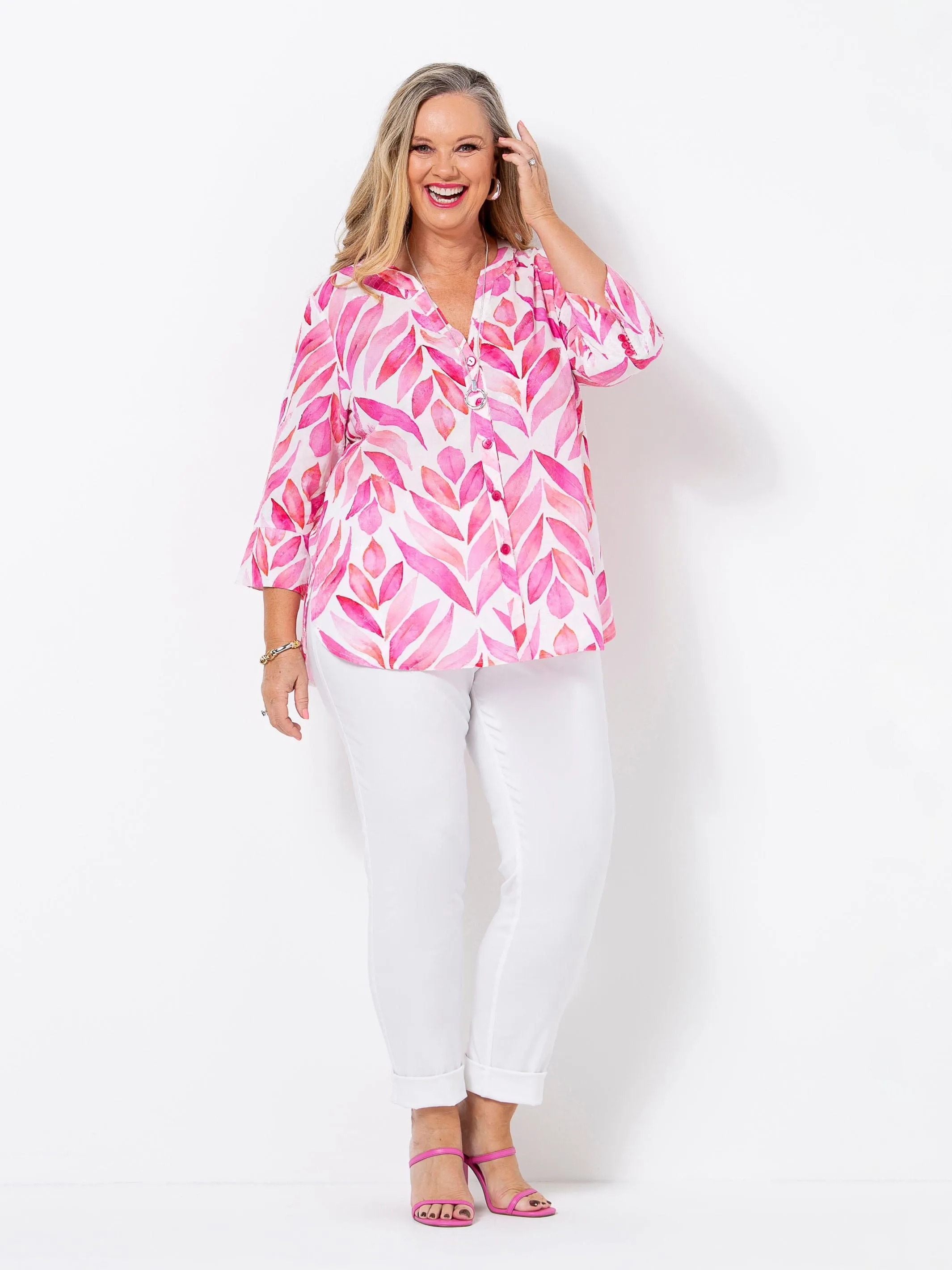 Pink Leaves Cotton Shirt