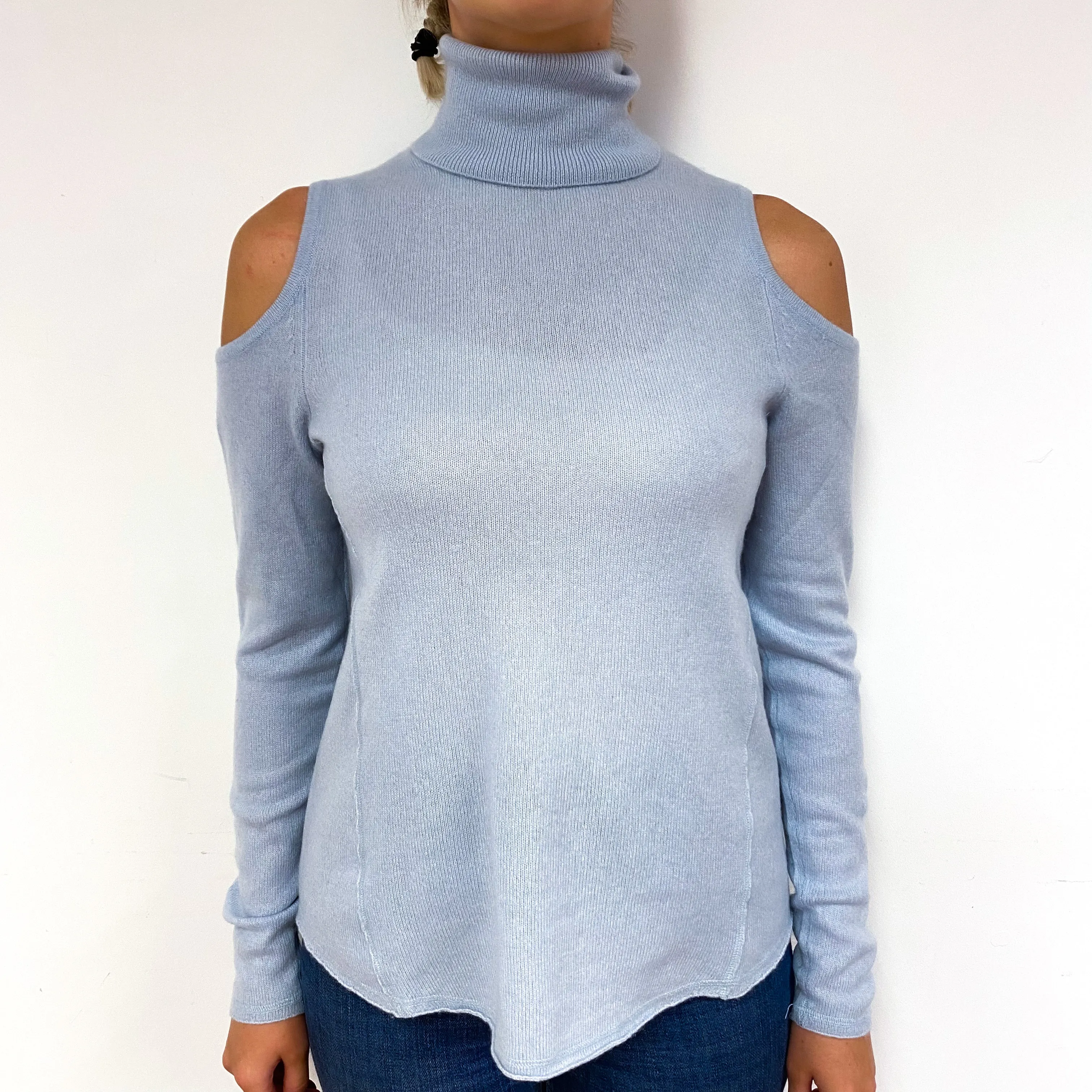 Powder Blue Cold Shoulder Cashmere Polo Neck Jumper Small