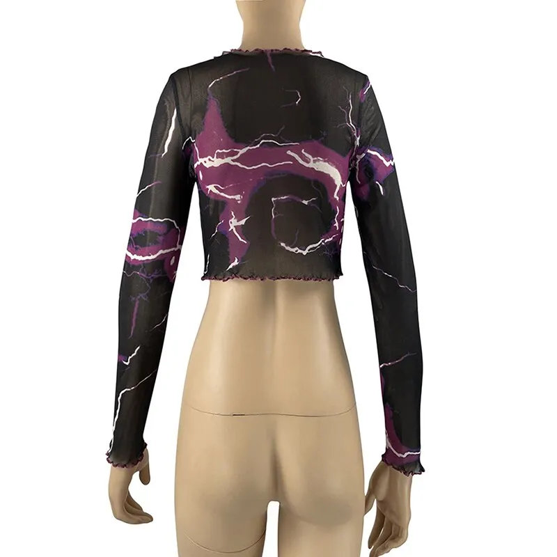 Purple Lightning Print Long Sleeve Mesh Top