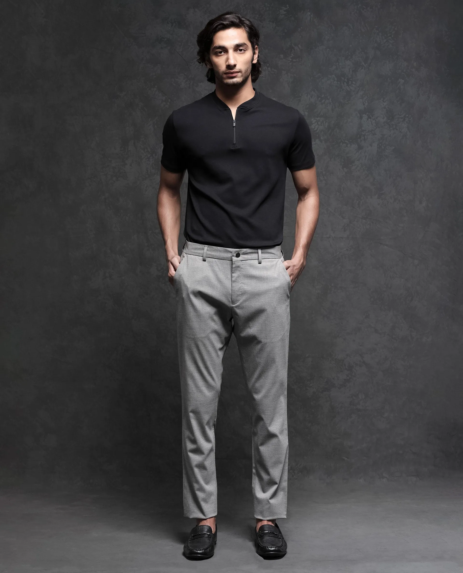 Rare Rabbit Men's Microl Grey Solid Mid-Rise Regular Fit Premium Trouser