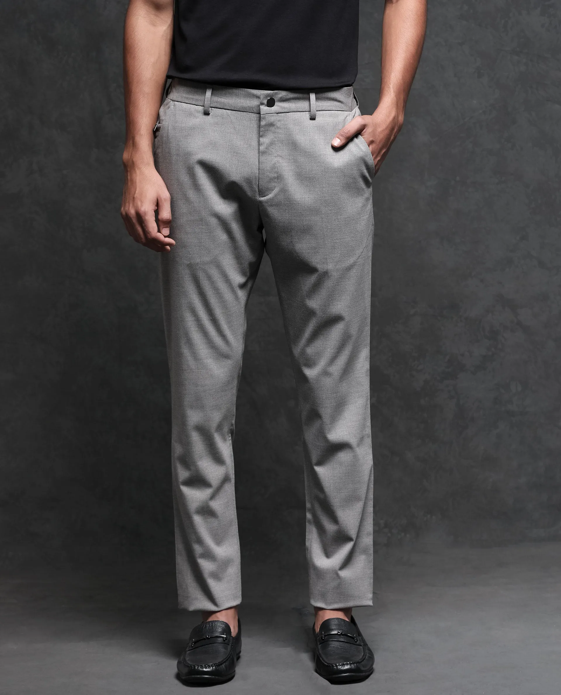 Rare Rabbit Men's Microl Grey Solid Mid-Rise Regular Fit Premium Trouser