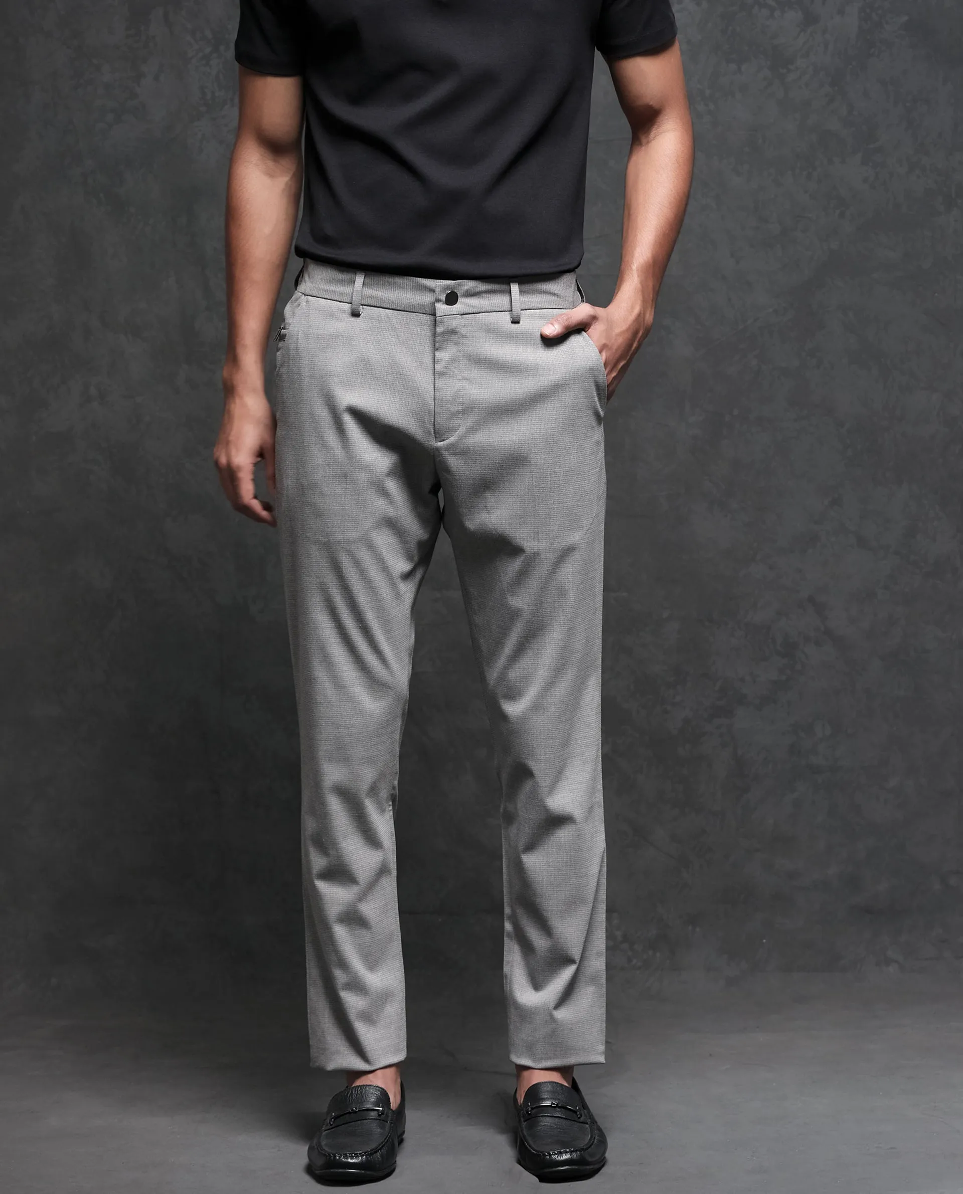 Rare Rabbit Men's Microl Grey Solid Mid-Rise Regular Fit Premium Trouser