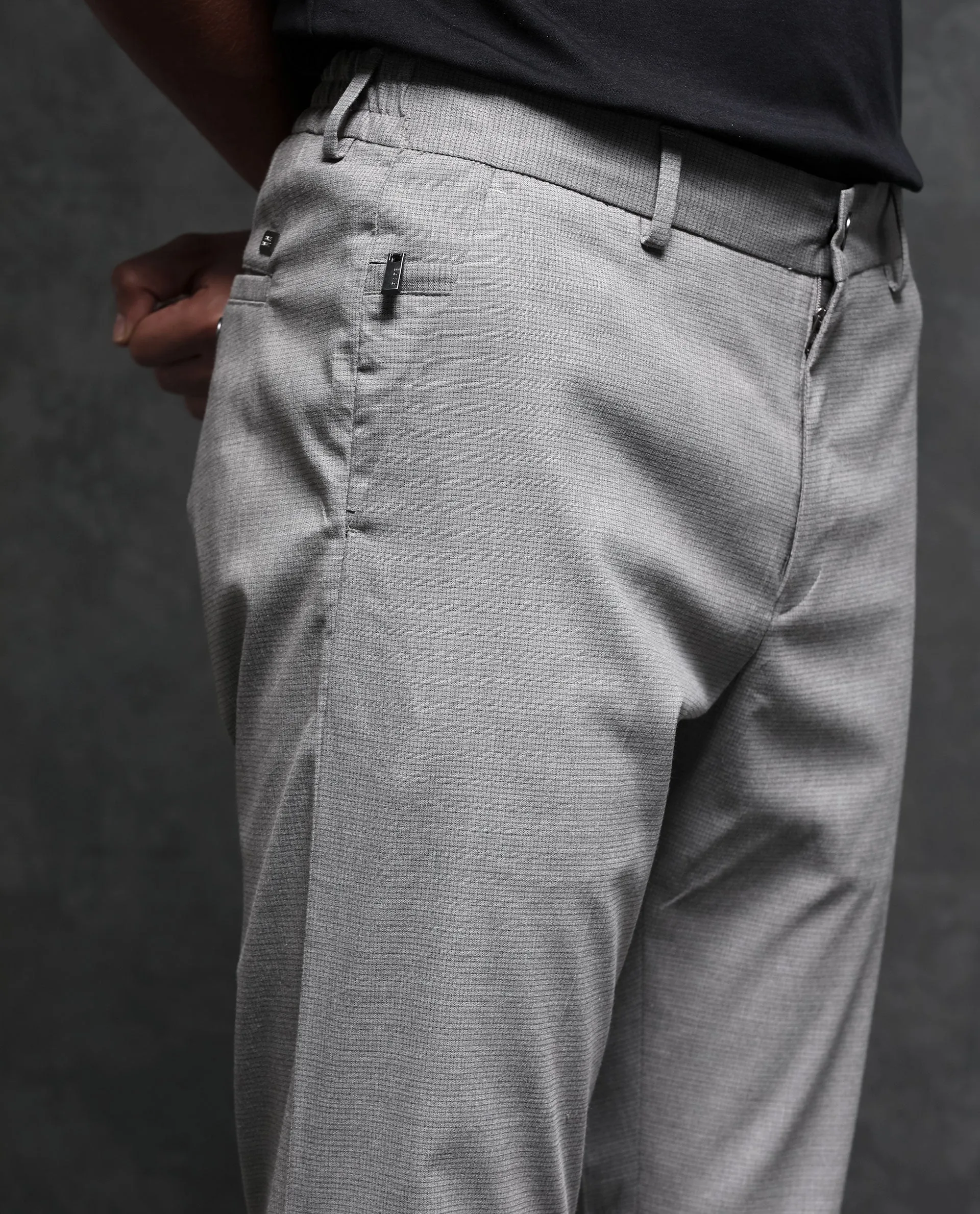Rare Rabbit Men's Microl Grey Solid Mid-Rise Regular Fit Premium Trouser