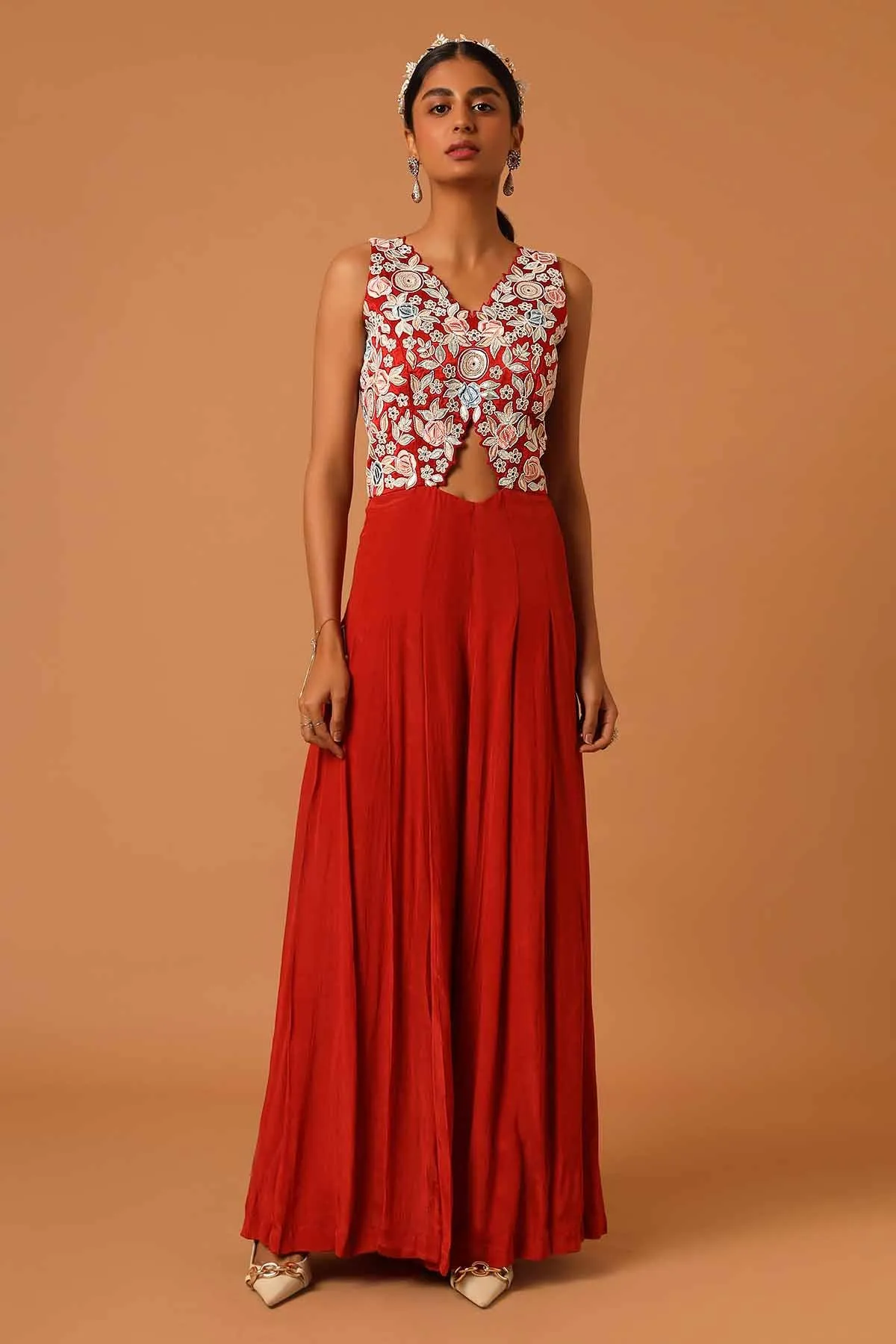 Red Patchwork Pleated Jumpsuit