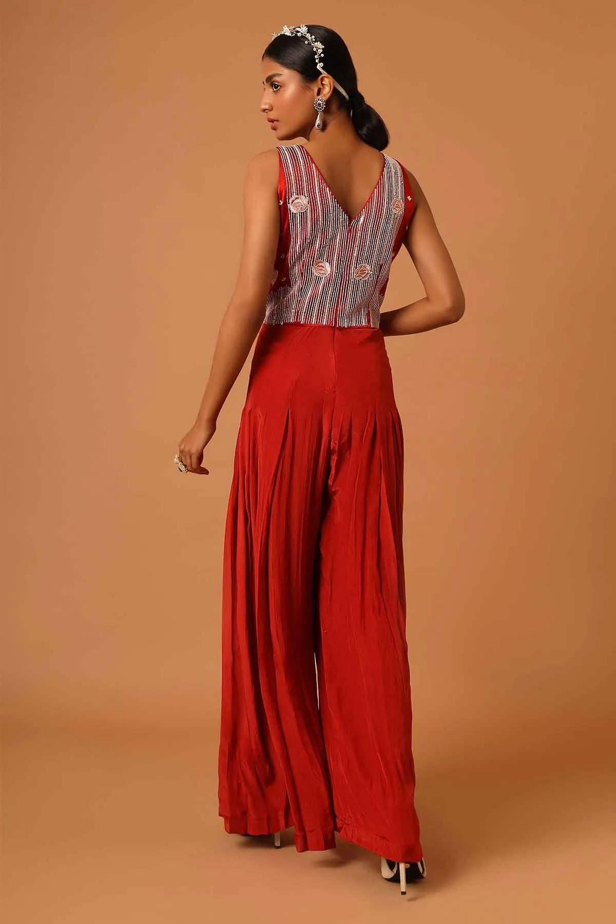 Red Patchwork Pleated Jumpsuit