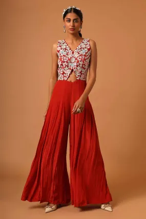 Red Patchwork Pleated Jumpsuit