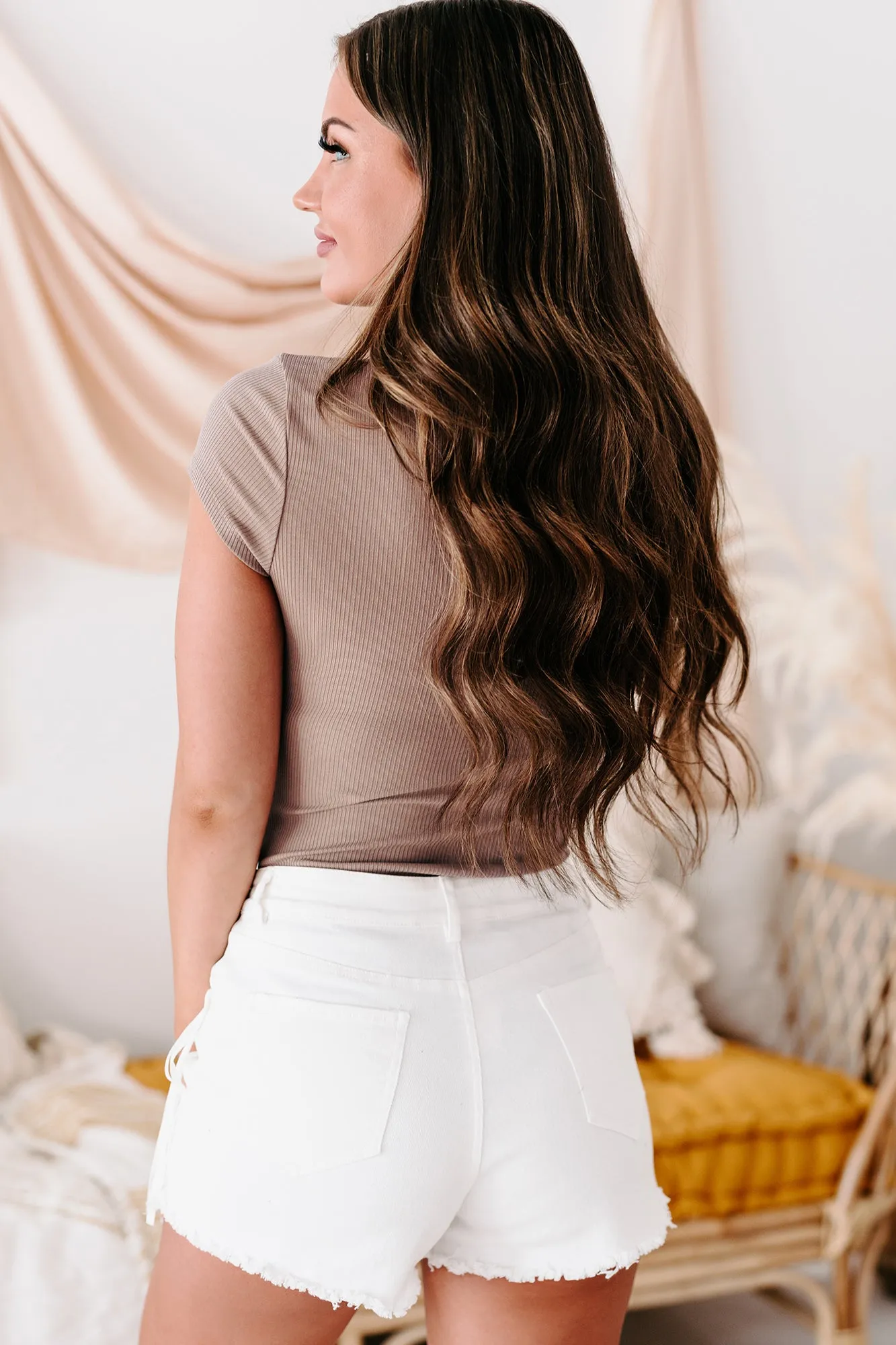 River Walk Ready Ribbed Surplice Bodysuit (Mocha)