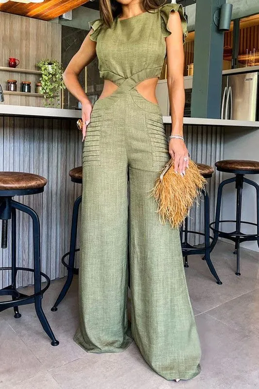Round Neck Ruffle Loose pants Jumpsuit