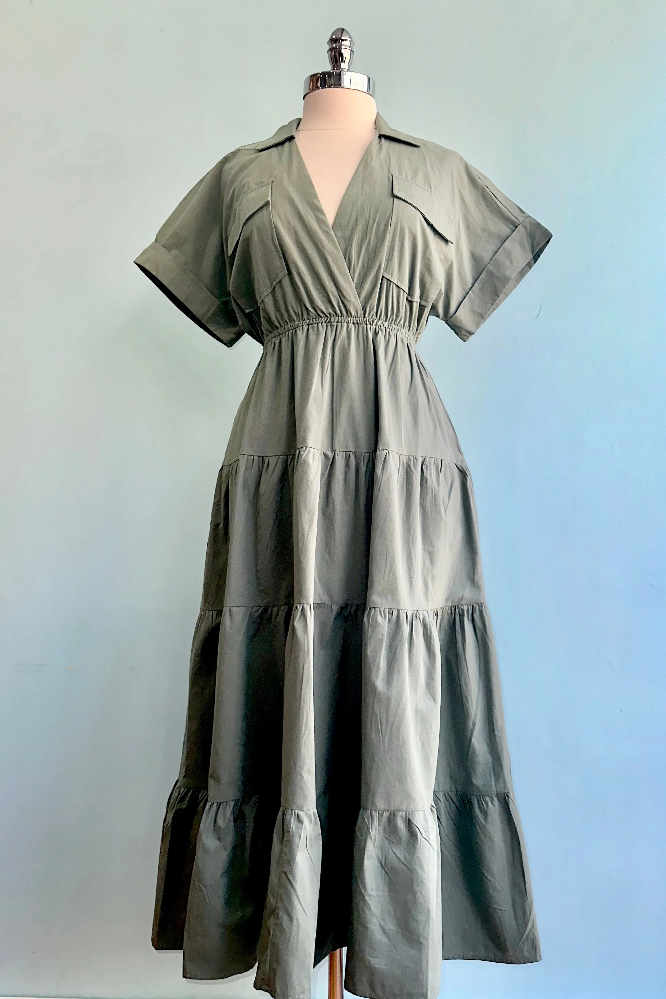 Sage Green Collared Cotton Midi Dress