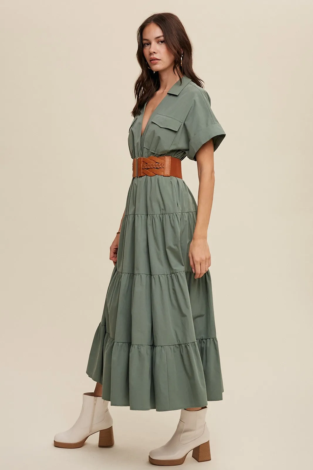 Sage Green Collared Cotton Midi Dress