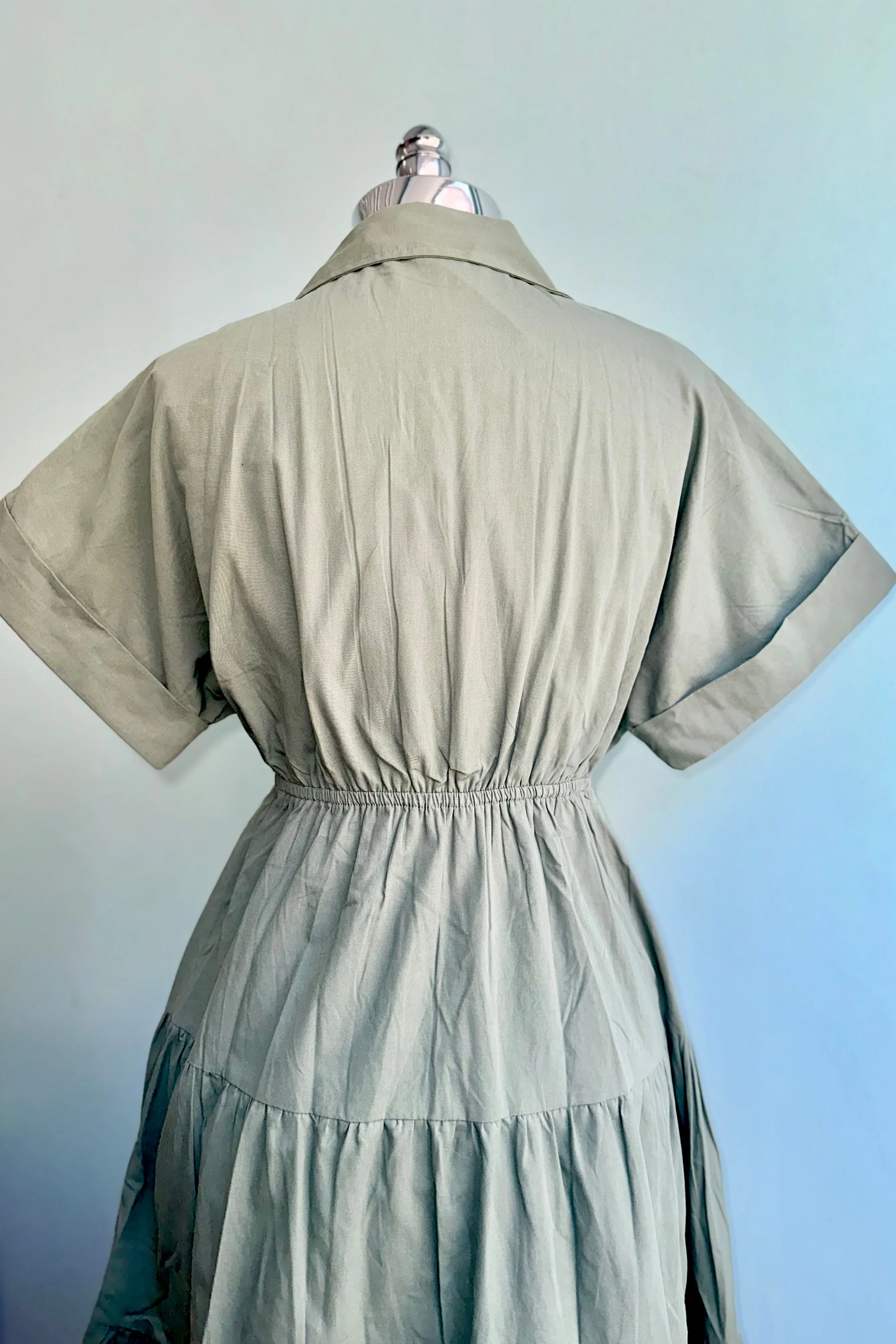 Sage Green Collared Cotton Midi Dress