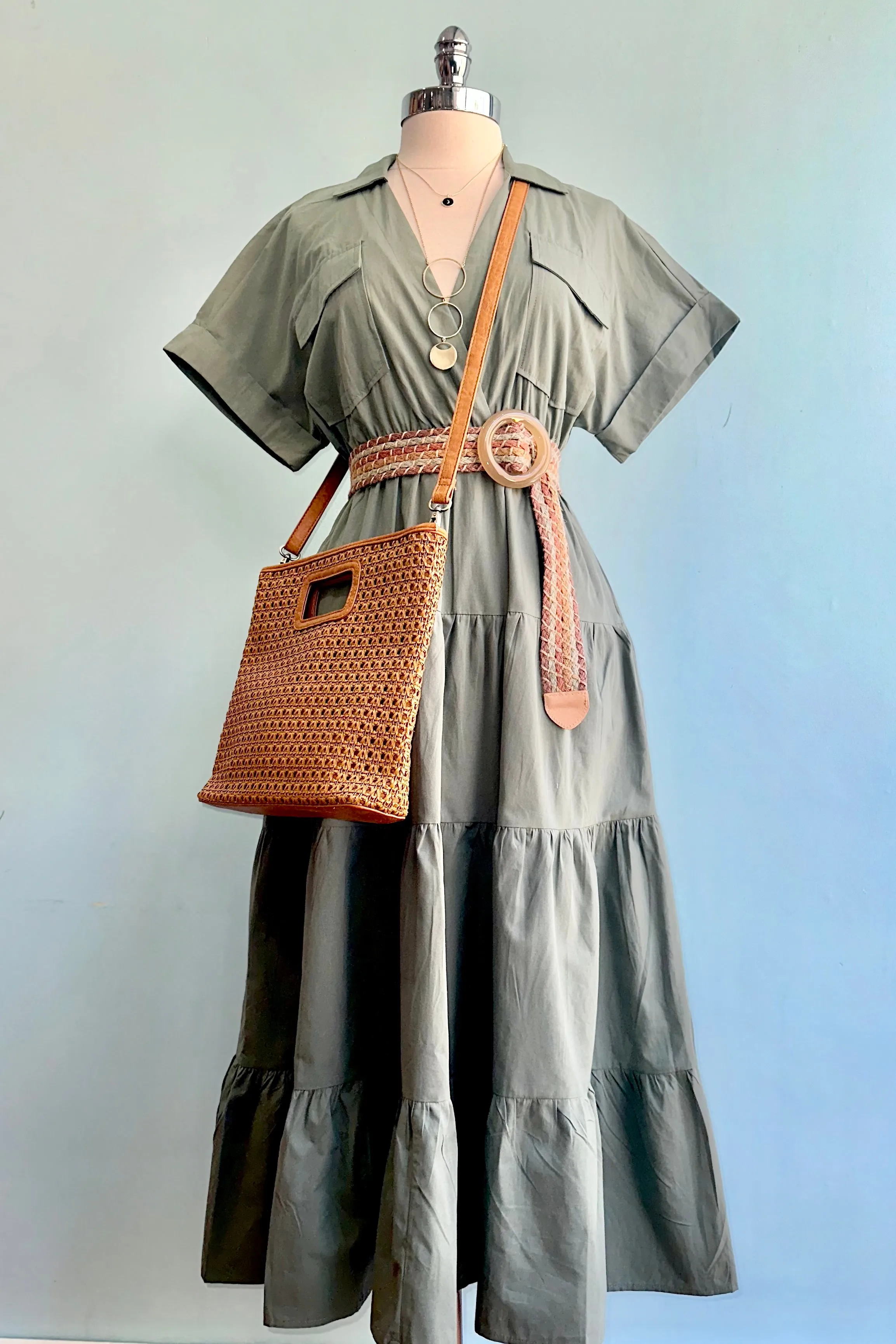 Sage Green Collared Cotton Midi Dress