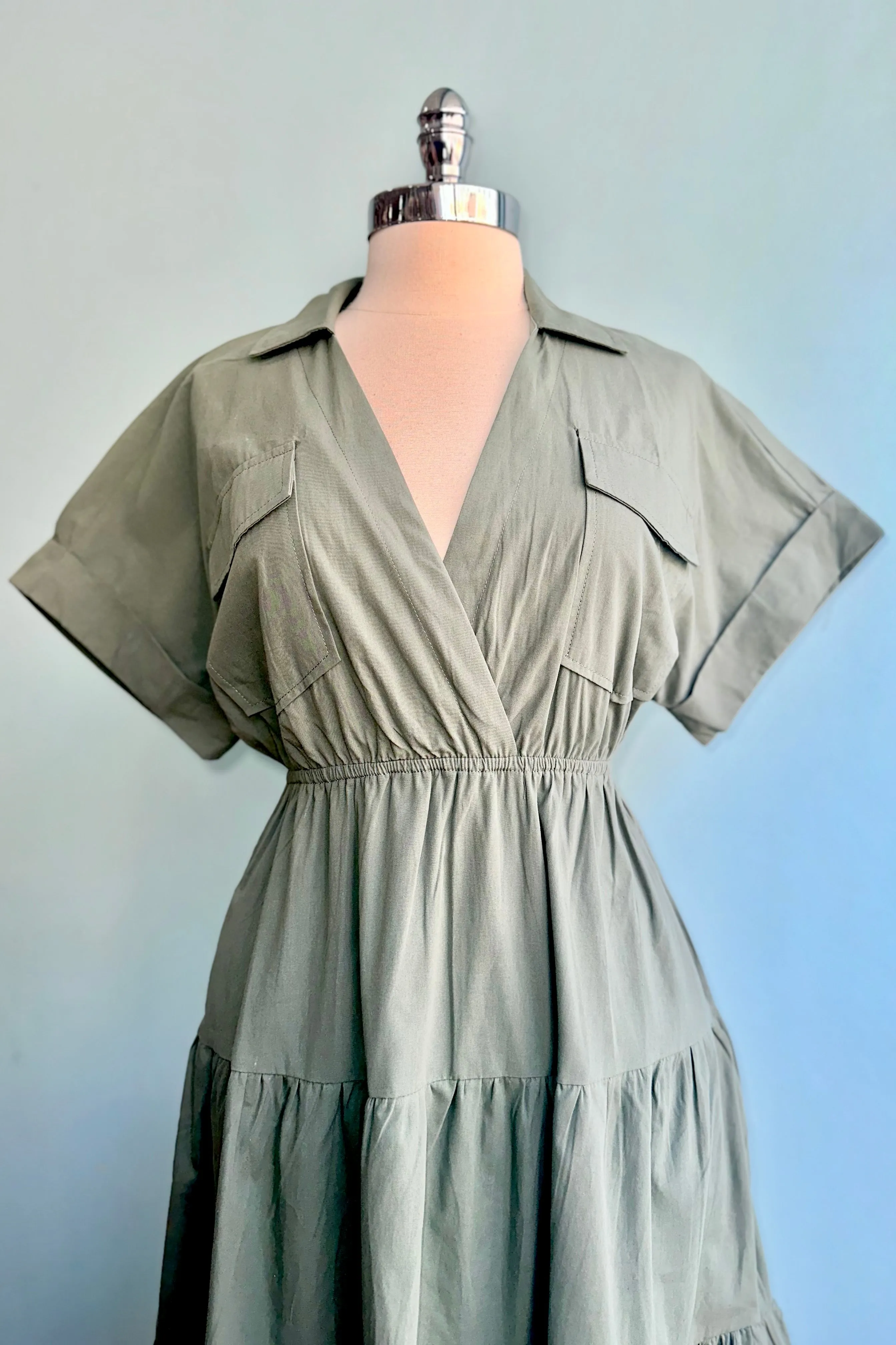 Sage Green Collared Cotton Midi Dress