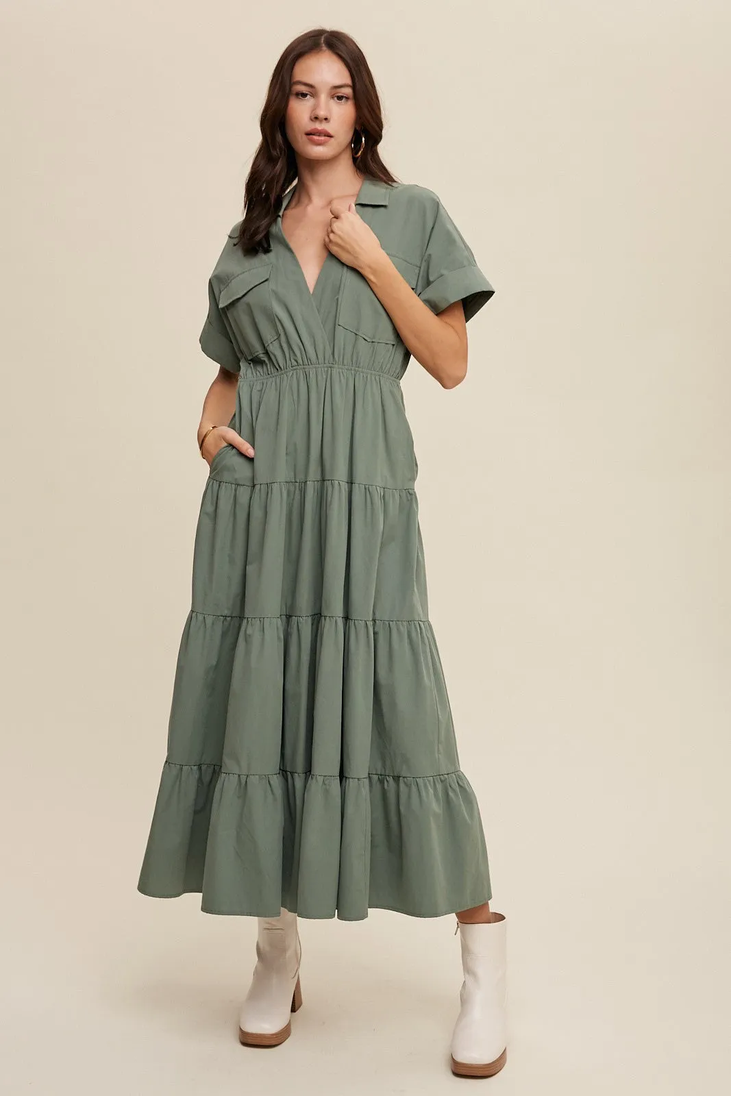 Sage Green Collared Cotton Midi Dress
