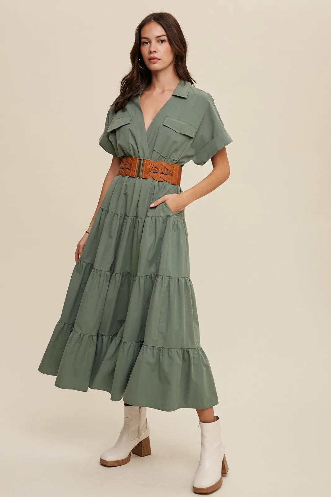 Sage Green Collared Cotton Midi Dress
